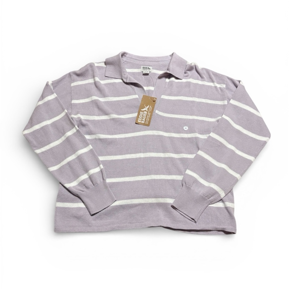 Eddie Bauer Women's Lavender and White V-Neck Sweater